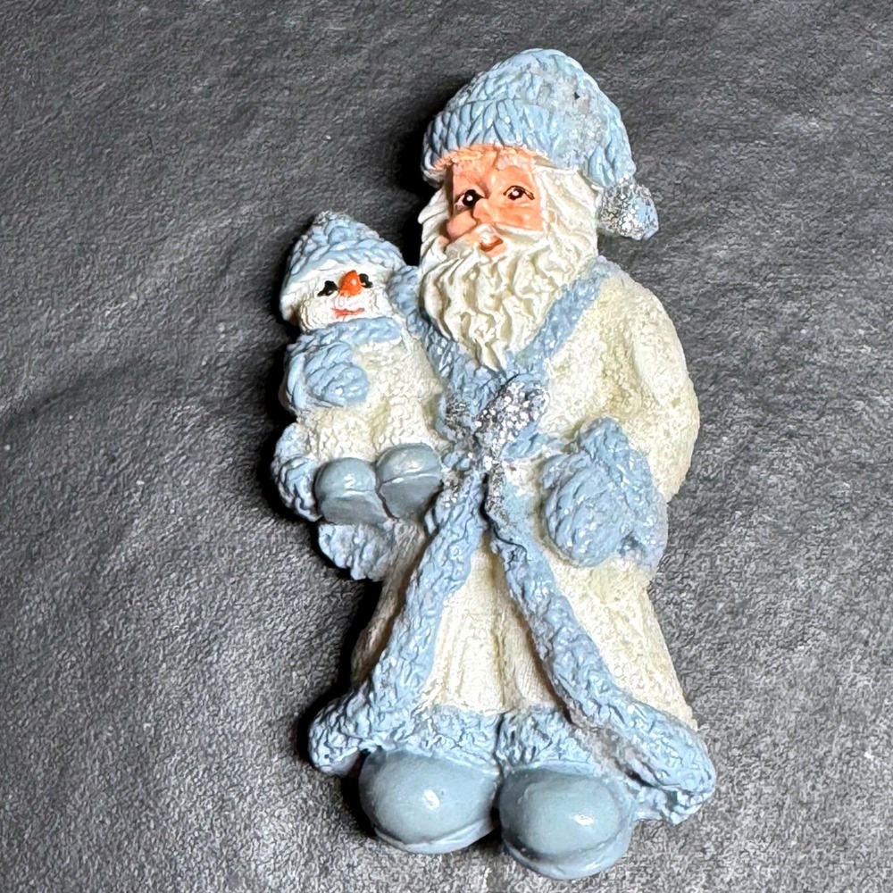 Vintage Santa Claus Brooch Pin Blue White Father Christmas Snowman Glitter 2.5"